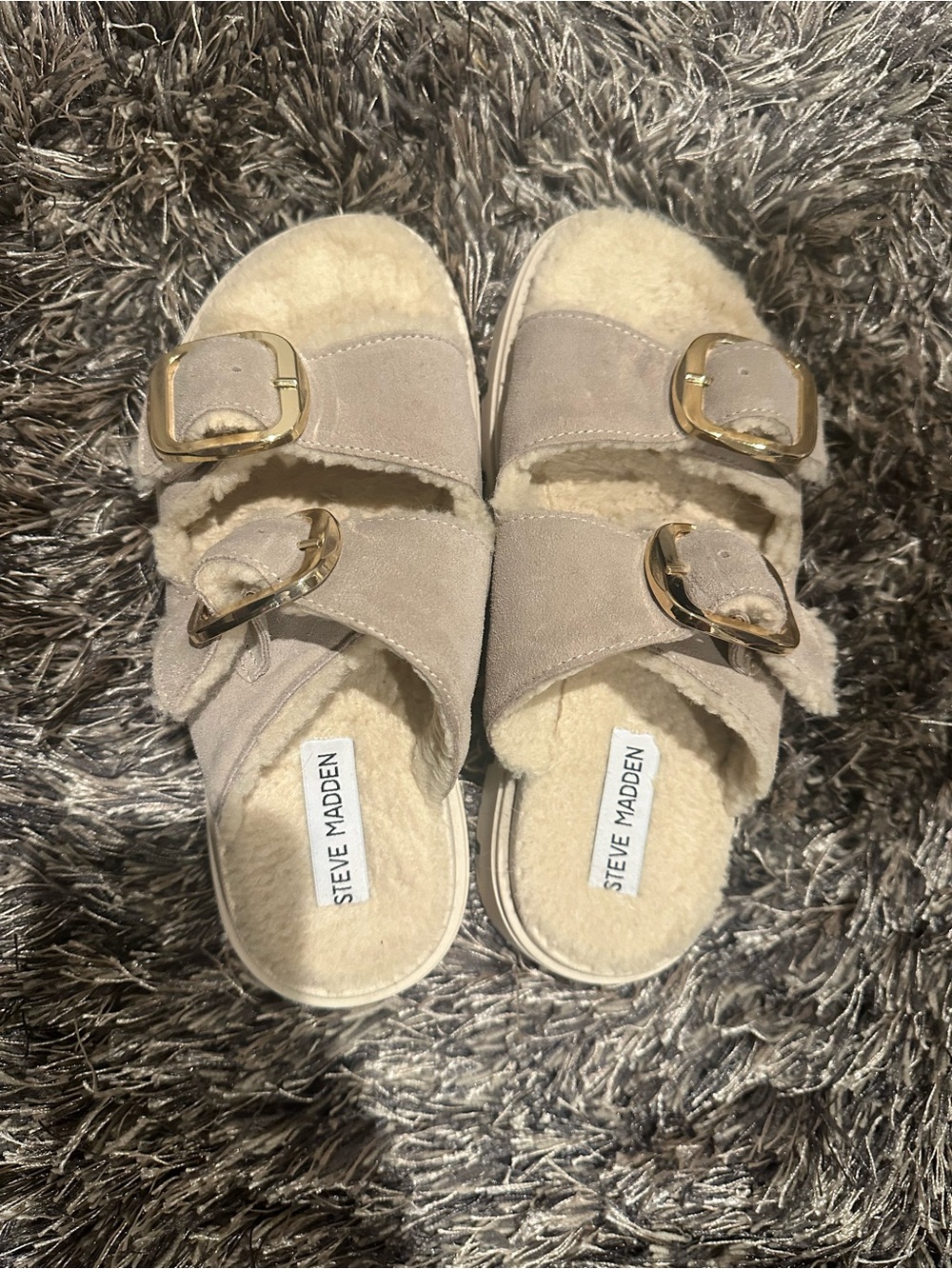 Steve Madden Taupe Suede Shearling Slides with Gold Buckles and faux fur